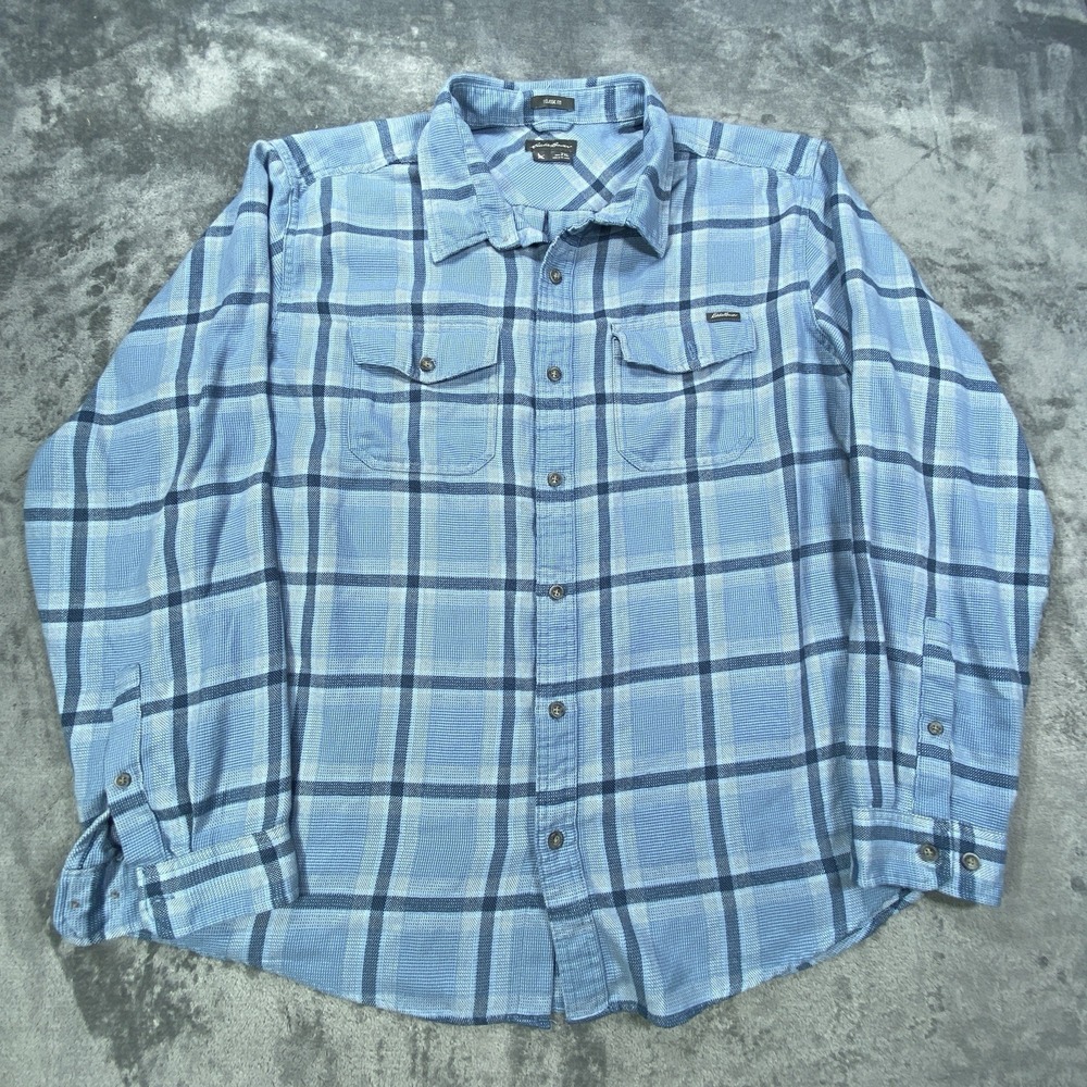 Eddie Bauer Waffle Knit Shirt Mens 2XL Blue Long Sleeve Pullover Button Up Polo